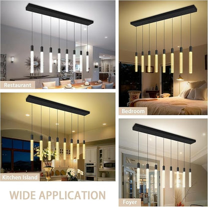 8-Light Black Rectangular Crystal Chandelier Modern LED Dimmable Crystal Column Pendant Lighting for High Ceiling Kitchen Island Entryway Living Room