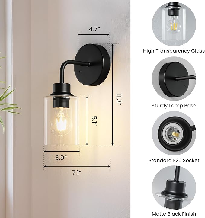 Epinl Battery Operated Black Wall Sconce Set of 2, Wireless Rechargeable Wall Lights with Remote Control, Dimmable Wall Lamp for Bedroom Living Room Hallway