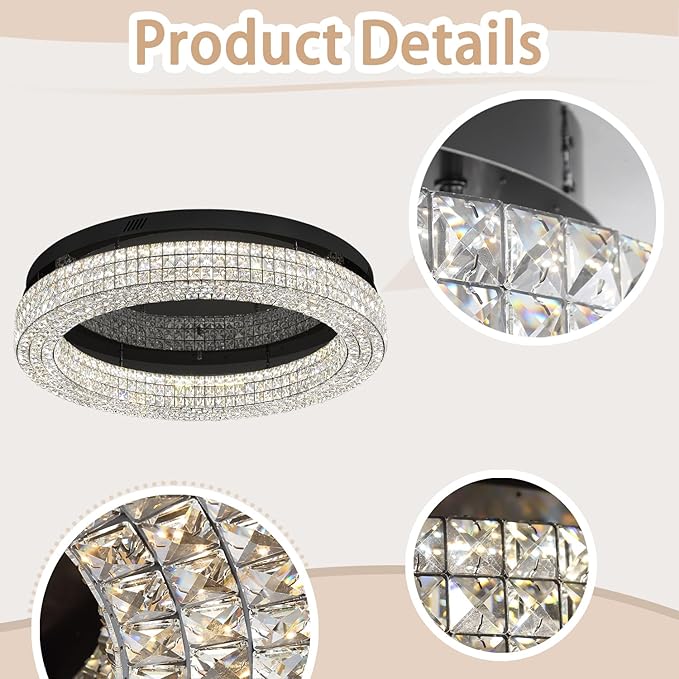 ykolupty 32'' Modern Chandeliers for Living Room Crystal Chandelier Flush Mount Ceiling Light Fixture for Dining Room Living Room Bedroom Dimmable 2700-6000K (Black Chandelier)
