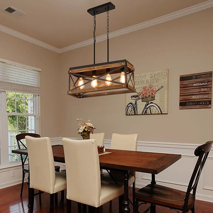 Rustic Farmhouse Wood Kitchen Island Lighting, 4 Lights Rectangular Pendant Light Fixture, Adjustable Chain Oak Wood and Metal Linear Chandelier for Dining Room Kitchen Island Farmhouse, Black