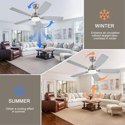 NKPU Ceiling Fans with Lights, 52 Inch Low Profile Ceiling Fan with Light and Remote Control, 2 Downrods, DC Reversible Motor, Dimmable LED Ceiling Fans for Bedroom,Indoor/Outdoor Patio Use（Nickel）