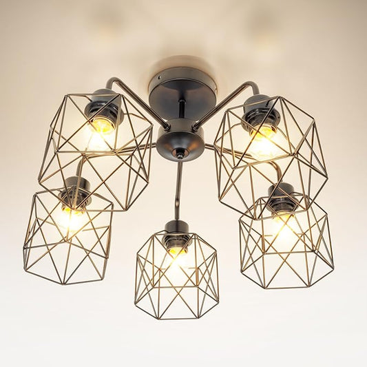 ASD Black Chandelier Semi Flush Mount Ceiling Light Fixture- 5xE26 120V ETL Modern Light Fixtures Ceiling Mount, Semi Flush Mount Chandelier for Entryway, Bedroom, Foyer Lighting Fixtures