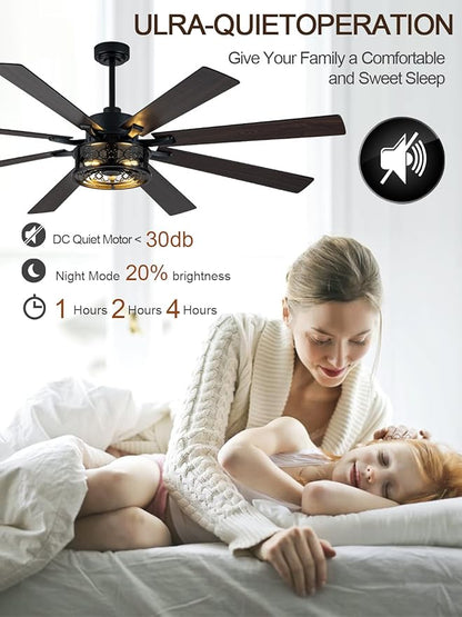 72 Inch Ceiling Fan with Lights and Remote Large Farmhouse Ceiling Fan Black Caged Fandelier Industrial Rustic Chandelier Light, Reversible Quiet DC Motor 6 Speed for Indoor Outdoor