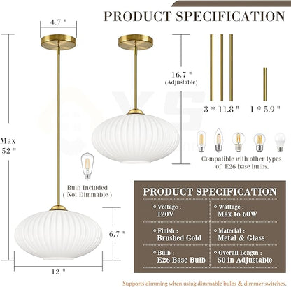 12" Milky White Glass Modern Pendant Light Kitchen Island Brushed Gold Mid Century Modern Pendant Lighting with Frosted Glass Hanging Pendants Light for Bedroom（Bulb Incl.）