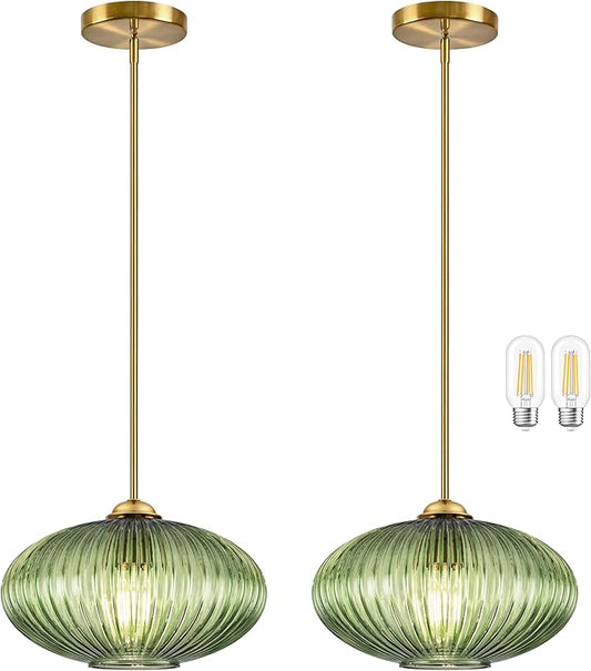 10" Green Glass Modern Pendant Light Kitchen Island 2 Pack Brushed Gold Mid Century Modern Pendant Lighting with Clear Green Glass Hanging Pendant Light for Dining Room（Bulb Incl.）