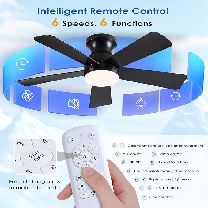 41 inch Ceiling Fans with Lights, Black Flush Mount Ceiling Fan with Remote, 3CCT, LED Dimmable, Reversible, 6 Fan Speeds, Quite Low Profile Ceiling Fan with Lights Modern Bedroom Kitchen Indoor