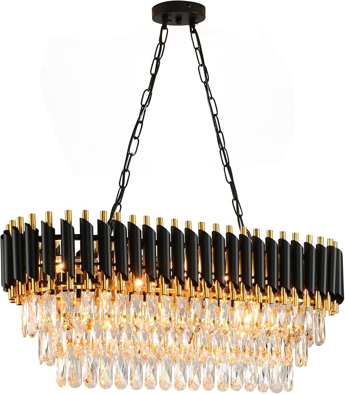 Modern Crystal Chandeliers for Dining Room 8-Light Black and Gold Chandelier Living Room Oval Contemporary Ceiling Hanging Light Pendant Light Fixture for Kitchen Island Bar L32 inch