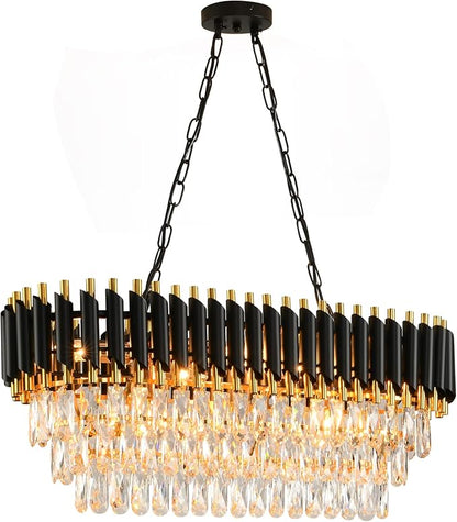 Modern Crystal Chandeliers for Dining Room 8-Light Black and Gold Chandelier Living Room Oval Contemporary Ceiling Hanging Light Pendant Light Fixture for Kitchen Island Bar L32 inch