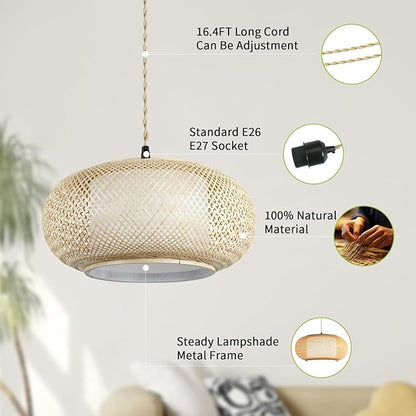 Boho Wabi-Sabi Bamboo Pendant Light, Plug-in Hanging Lamp with 16.7ft Twisted Cord & Switch, Handwoven Rattan Ceiling Fixture for Dining Room, Teahouse, Kitchen Island, Bedroom (40cm（Plug in）)