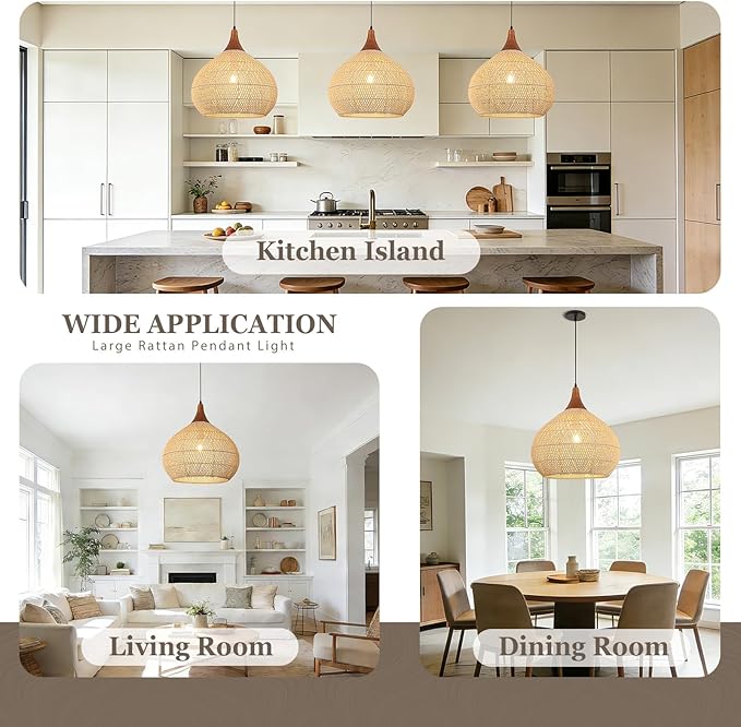 20" Large Rattan Pendant Light, Rattan Chandelier Hand-Woven Boho Pendant Light Fixtures with Solid Wood, Basket Wicker Chandelier for Dining Room Kitchen Island Living Room