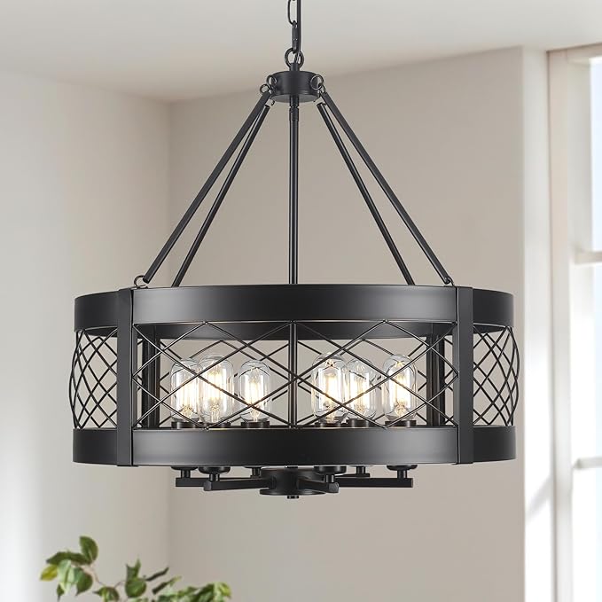 Black Chandelier 6-Light Adjustable Farmhouse Chandelier Dining Room Light Fixture Kitchen Island Lighting Drum Rustic Hanging Lights for Entryway Foyer Bedroom Living Room