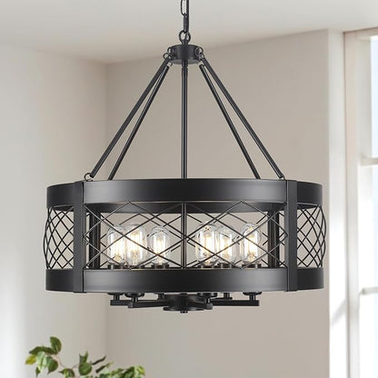 Black Chandelier 6-Light Adjustable Farmhouse Chandelier Dining Room Light Fixture Kitchen Island Lighting Drum Rustic Hanging Lights for Entryway Foyer Bedroom Living Room