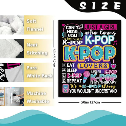 Kpop Gifts for Women Girls Teen Flannel Throw Blanket, Korean Pop Music Present for Korea Friends K-Pop Lovers Fans, Funny Soft Bedding Sofa Blanket Birthday Ideas 50" x 60"