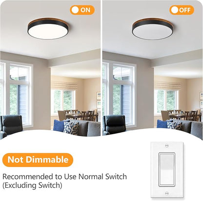 Modern Walnut Wood Black Flush Mount Ceiling Light, 15.75" Round LED Low Profile Close to Ceiling Fixture for Kitchen Bedroom Bathroom Laundry Hallway Entryway Closet Living Room