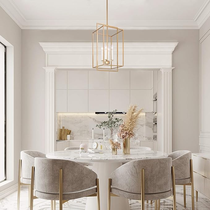KSANA Antique Gold Chandelier, 4-Light Modern Linear Chandeliers, Pendant Hanging Light Fixtures for Dining Rooms, Foyer, Living Room, Bedroom and Kitchen Island