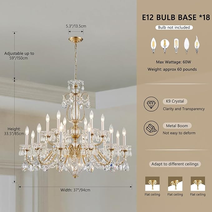 Vintage 2 Layers Crystal Chandelier for High Ceilings, 18-Light Brass Chandelier, Pendant Ceiling Light Fixture for Living Room Hallway Lobby Foyer Entrance Hotel Banquet Hall, Dia 37"