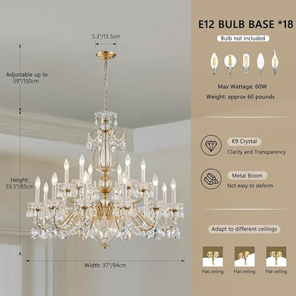 Vintage 2 Layers Crystal Chandelier for High Ceilings, 18-Light Brass Chandelier, Pendant Ceiling Light Fixture for Living Room Hallway Lobby Foyer Entrance Hotel Banquet Hall, Dia 37"