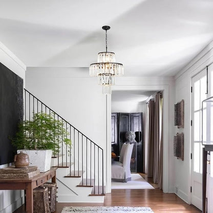 Black Crystal Chandelier, 7-Light 4 Tiers 13.77" Crystal Light, Adjustable Hanging Metal Ceiling Lighting Fixture, Modern Foyer Dining Room Chandeliers for Bedroom,Hallway,Kitchen