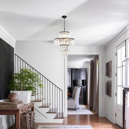 Black Crystal Chandelier, 7-Light 4 Tiers 13.77" Crystal Light, Adjustable Hanging Metal Ceiling Lighting Fixture, Modern Foyer Dining Room Chandeliers for Bedroom,Hallway,Kitchen