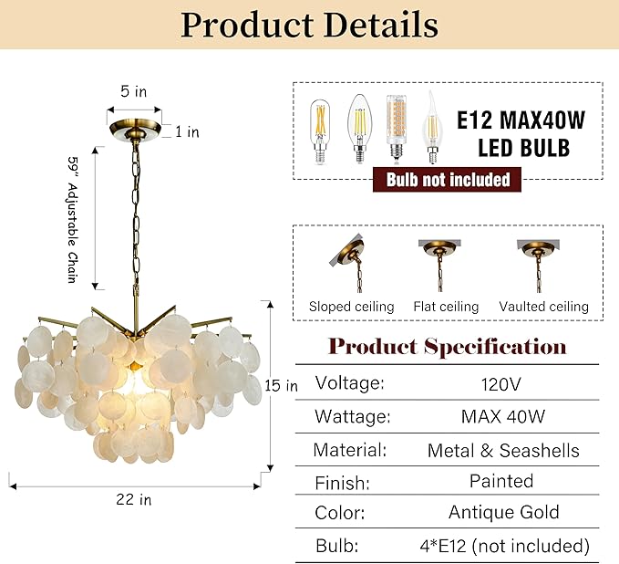 ALOADECOR 4-Light 22" Cone Shape 4-Tier Coastal Capiz Shells Chandelier with Antique Gold Metal Farmhouse Natural Seashell for Dining Room Living Room