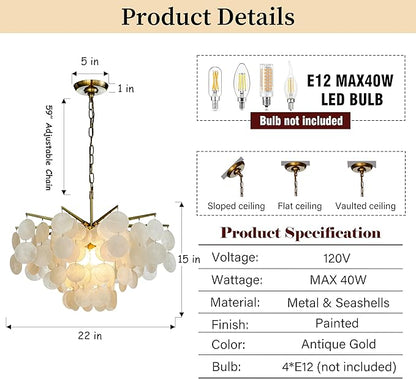 ALOADECOR 4-Light 22" Cone Shape 4-Tier Coastal Capiz Shells Chandelier with Antique Gold Metal Farmhouse Natural Seashell for Dining Room Living Room