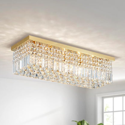 Saint Mossi 5-Lights Modern K9 Crystal Chandelier Light Fixture, Flush Mount Chandelier for Dinning Room, H9 x W10 x L31, Clear Crystal & Gold Finish