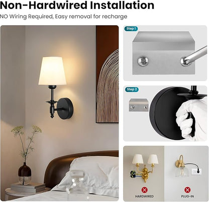 WOSHITU Battery Operated Wall Sconce: Black Sconces Set of 2 with 2 Remote & 2 Dimmable Bulb Matt Black Rechargeable Cordless Sconces Wall Decor Set of Two Wall Light for Bedroom Living Room