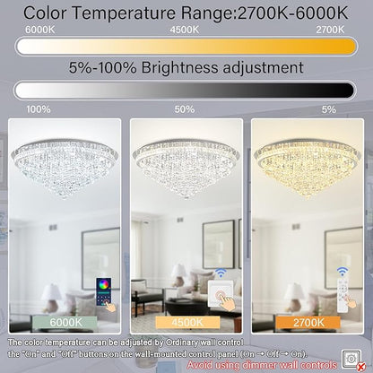 Dia 40" Modern Crystal Chandeliers for Living Room,Silver Large Chandelier Flush Mount Chandeliers for Bedrooms Dining Room Dimmable 2700k 4500k 6000k
