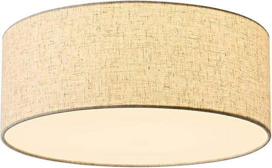 16-Inch Flush Mount Ceiling Light Fixture with Linen Fabric Shade, Modern Drum Light Fixture 3-Light Bedroom Lights for Ceiling, Farmhouse for Living Room, Dining Room, Kitchen, Entrance