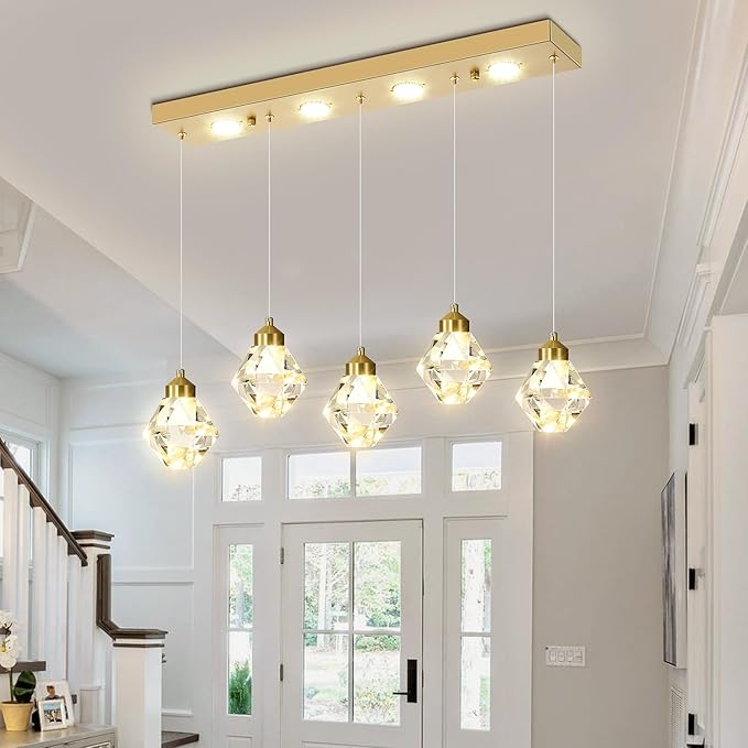 5-Lights Rectangular Pendant Light LED Dimmable Linear Crystal Chandelier Modern Rectangular Chandeliers for Dining Room Bedroom Gold Hanging Light