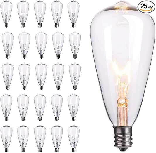 25-Pack Edison Replacement Light Bulbs,7-Watt E12 Candelabra Base ST40 Replacement Clear Glass Light Bulbs for Outdoor Patio ST40 String Lights, Warm White