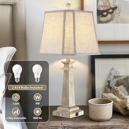 27.5" Table Lamps Set of 2, 3-Way Dimmable Touch Lamps for Nightstand, Farmhouse Table Lamp for Living Room and Bedroom with USB A+C Charging Ports, Bulbs Included (Antique White)