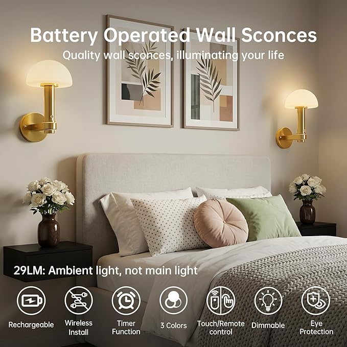 Wireless Wall Sconce Set of 2 for Bedroom Living Room, Battery Operated Wall Sconce Decor Light with Remote & 5000mAh Rechargeable, Gold Mushroom Wall Lamps for Hallway Bathroom Vanity