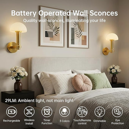 Wireless Wall Sconce Set of 2 for Bedroom Living Room, Battery Operated Wall Sconce Decor Light with Remote & 5000mAh Rechargeable, Gold Mushroom Wall Lamps for Hallway Bathroom Vanity