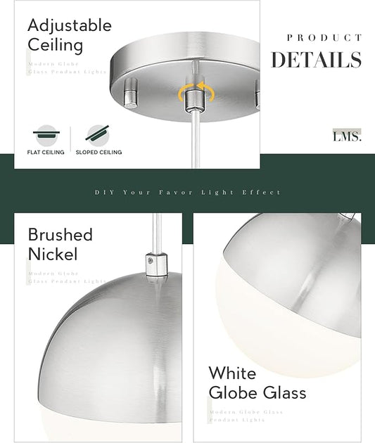 LMS 6-inch Brushed Nickel Pendant Light, Mid Century Kitchen Island Pendant Light Fixtures with White Globe Glass, Adjustable Hanging Light for Dining Room Bedroom Bathroom, LMS-186BNS