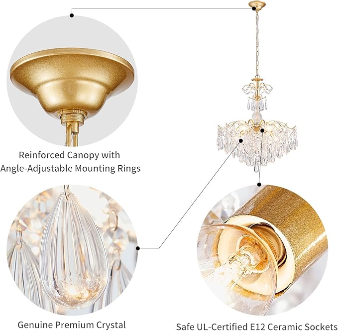 WUZUPS 6-Light Crystal Chandelier Pendant Ceiling Light Modern Lighting Fixture for Bedroom Hallway Bar Kitchen Bathroom, H 25.6" W21.7, E12 Base, Gold