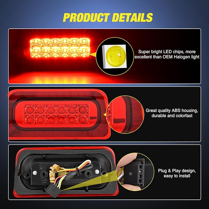 Nilight Third Brake Light Tail High Mount 3rd Stop Lights Red Lens Compatible with Chevy S10 and GMC Sonoma 1994-2003 Isuzu Hombre 1996-2000 Truck Rear Center Cab Lamp