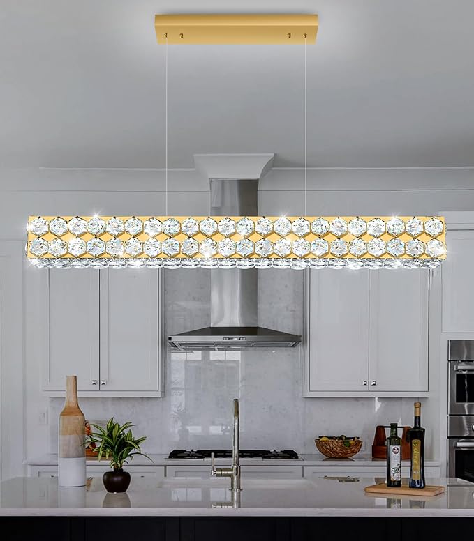 40'' Modern Crystal Chandelier for Dining Room Ceiling Light Fixture for Living Room Hallway Lighting LED Dimmable with Remote Gold