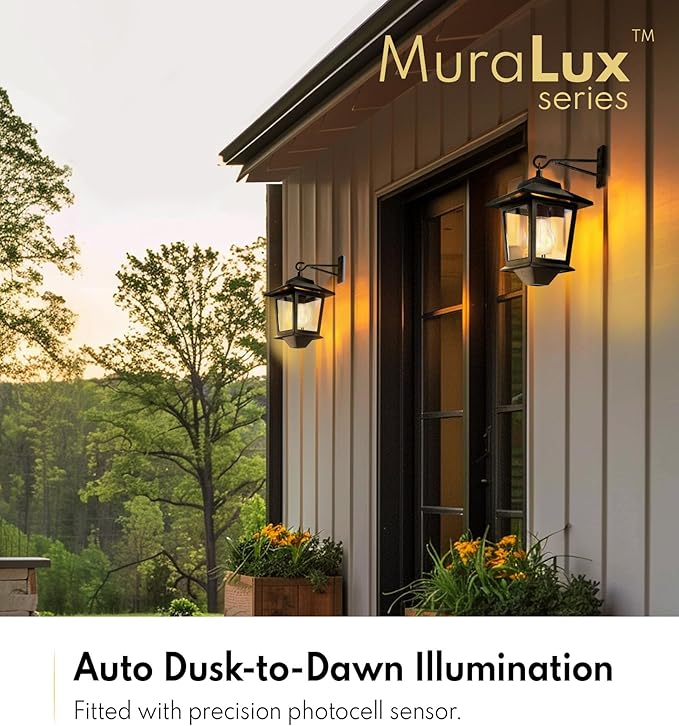 PASAMIC 2 Pack Solar Wall Lanterns with Replaceable Bulb,Outdoor Hanging Lights with 4 Solar Panels,Dusk to Dawn Led Outdoor Wall Sconce, Anti-Rust Waterproof Lanterns with Hooks,3000K Warm White