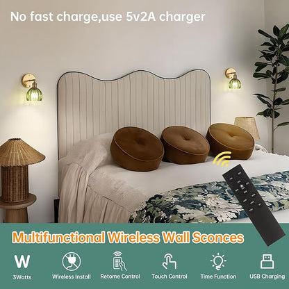Shenmoyl Battery Operated Vintage Wall Sconces with Green Tulip Glass Lampshade Battery Powered Wall Lighting for Bedside Bedroom Doorway, Set of 2