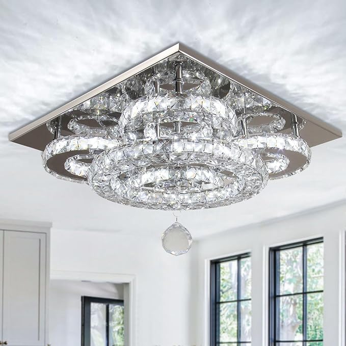 Modern Crystal Chandelier, 5-Ring LED Flush Mount Ceiling Light, Crystal Ceiling Lamp with Stainless Steel Base for Living Room Bedroom Dining Room Kitchen, Cool White