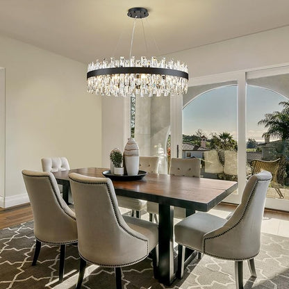 Modern Black Crystal Chandelier Lights, Round K9 Crystal Raindrop Chandelier, Pendant Ceiling Light for Dining Living Room Bedroom Entryway, Diameter 30 inches