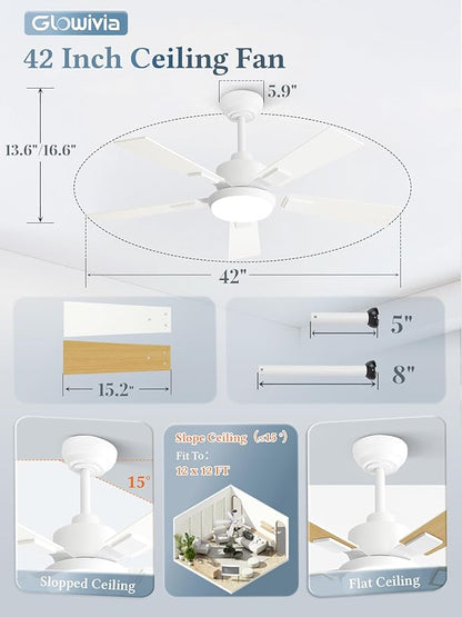 42 Inch Ceiling Fans with Lights and Remote&APP Control, White Smart Ceiling Fan with 3000-6000K Dimmable, 6 Speeds Quiet Reversible Motor, Indoor/Outdoor Ceiling Fan for Bedroom Living Room