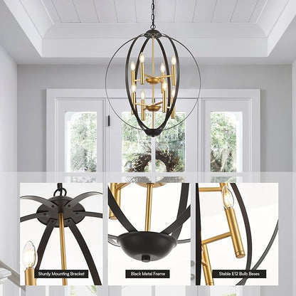 23.6''Black Gold 8-Light Globe Chandelier, Modern Industrial Adjustable Hanging Ceiling Pendant Light Fixture for Entryway Foyer Stairway Hallway Bedroom Living Room Kitchen Island