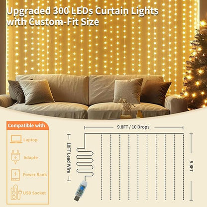2 Pack Fairy Curtain Lights, 300 LED Upgraded Tangle-Free Hanging Lights with Remote, USB Plug in String Lights for Wall Window Wedding Party Xmas Home Décor - 9.8 x 9.8 Ft, Warm White