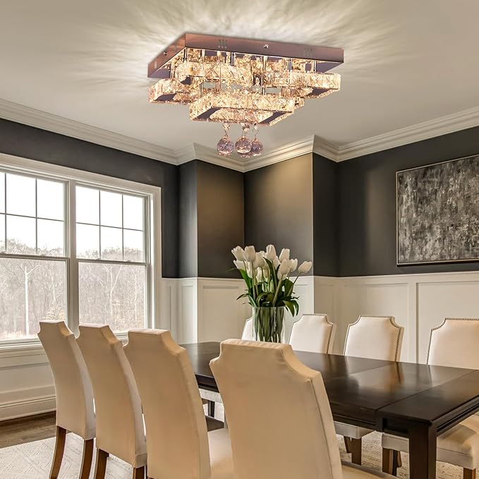 11.8" Modern Crystal Chandelier LED Ceiling Light Fixture Suitable for Kitchen Corridor Hallway Bedroom Bathroom Dining Room 4 Petals/Raindrop Ball Square Wall Switch （Warm Light）