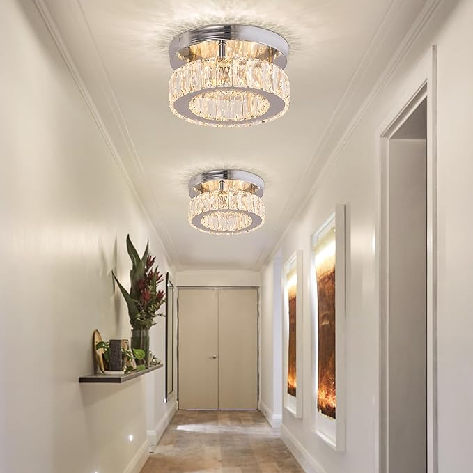 Small Modern Small Crystal LED Chandelier Mini Flush Mount Round Ceiling Light Fixture K9 Crystal Ceiling Lamp for Dining Room Living Room Bedroom (Warm White)