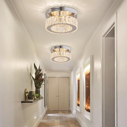 Small Modern Small Crystal LED Chandelier Mini Flush Mount Round Ceiling Light Fixture K9 Crystal Ceiling Lamp for Dining Room Living Room Bedroom (Warm White)