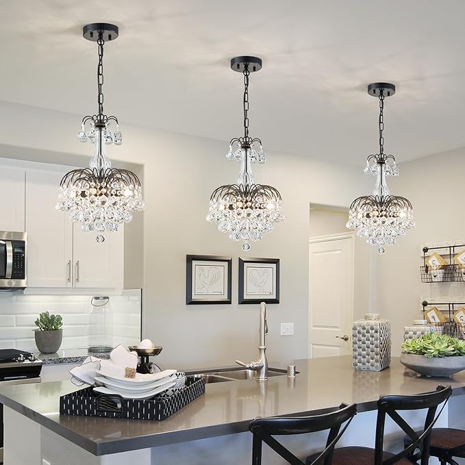 WUZUPS Crystal Chandelier Pendant Flushmount Ceiling Light Modern Lighting Fixture for Bedroom Hallway Bar Kitchen Bathroom, H 14.4" x W 11.8", Black, E12 Base