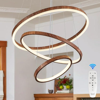 GlowHub 3-Rings Modern LED Chandelier, Wood Grain Round Dimmable Pendant Lighting with Remote Control Circular Hanging Light High Ceiling for Dining Room Kitchen Foyer, 3000K-6500K D20’’